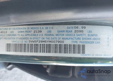 2000 Volkswagen Jetta Gls Tdi from USA, damaged, VIN 3VWSF29M5YM007900